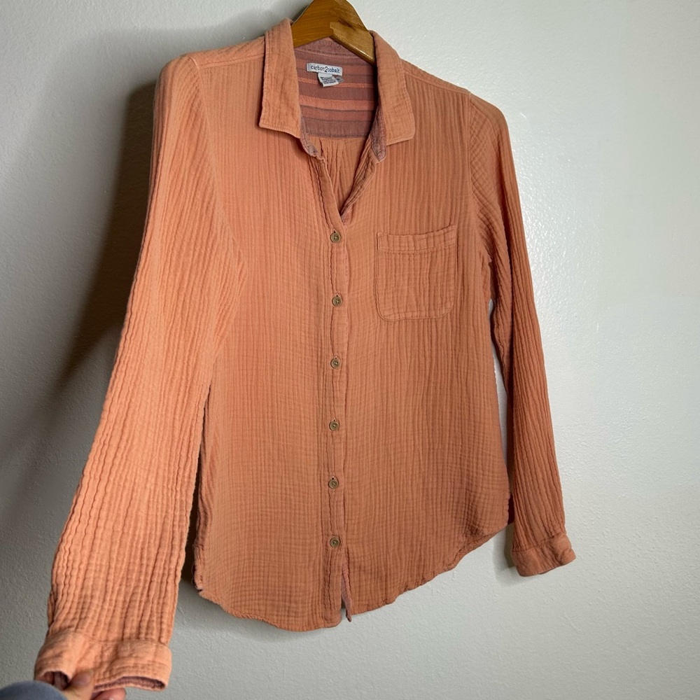 Carbon2Colbat 100% Cotton Gauze Peach Button Down Long Sleeve Top